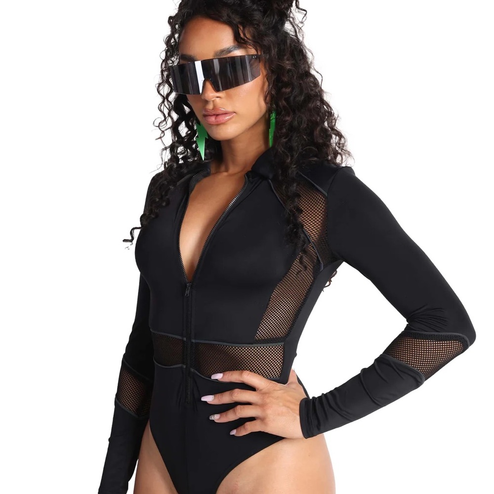 iHeartRaves Black Mesh Long Sleeve One Piece